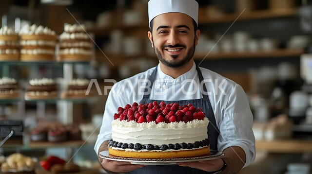 فنون ومهارات الإبتكار، تزيين أطباق الحلويات المختلفة بطرق مميزة، تحضير المعجنات التقليدية الشهية، شيف حلويات عربي خليجي سعودي يرتدي زي الطهاة يقوم بإعداد المخبوزات الطازجة، أصناف الحلا العربية الشرقية اللذيذة، العمل في مطابخ ومطاعم المملكة العربية السعودية