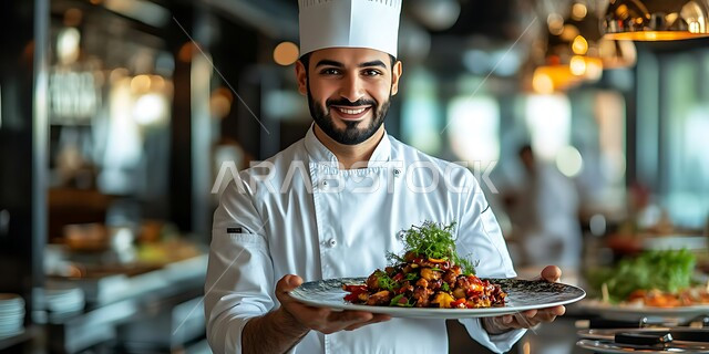 فنون تزيين وتقديم الأطباق المختلفة بطرق مميزة ومبتكرة، تحضير المأكولات الشعبية التقليدية الشهية، شيف عربي خليجي سعودي يرتدي زي الطهاة يقوم بإعداد وتحضير الطعام، الأصناف والمقبلات العربية الشرقية اللذيذة، العمل في مطابخ ومطاعم المملكة العربية السعودية 