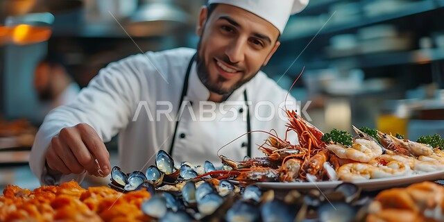 فنون تزيين وتقديم الأطباق المختلفة بطرق مميزة ومبتكرة، تحضير المأكولات الشعبية التقليدية الشهية، شيف عربي خليجي سعودي يرتدي زي الطهاة يقوم بإعداد وتحضير الطعام، الأصناف والمقبلات العربية الشرقية اللذيذة، العمل في مطابخ ومطاعم المملكة العربية السعودية 