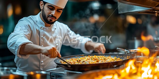 فنون تزيين وتقديم الأطباق المختلفة بطرق مميزة ومبتكرة، تحضير المأكولات الشعبية التقليدية الشهية، شيف عربي خليجي سعودي يرتدي زي الطهاة يقوم بإعداد وتحضير الطعام، الأصناف والمقبلات العربية الشرقية اللذيذة، العمل في مطابخ ومطاعم المملكة العربية السعودية 