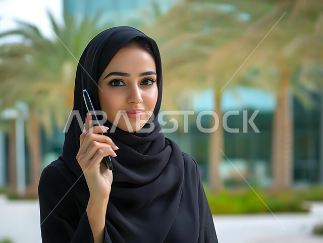 دمج التقنيات والتكنولوجيا الحديثة في الحياة اليومية، الإجابة والرد على الاتصالات عبر الهاتف المحمول، امرأة عربية سعودية خليجية محجبة ترتدي العباءة السوداء تقوم بإجراء مكالمة صوتية باستخدام جهاز الجوال، التواصل والاطمئنان على الأهل والأصدقاء وسماع اخبارهم