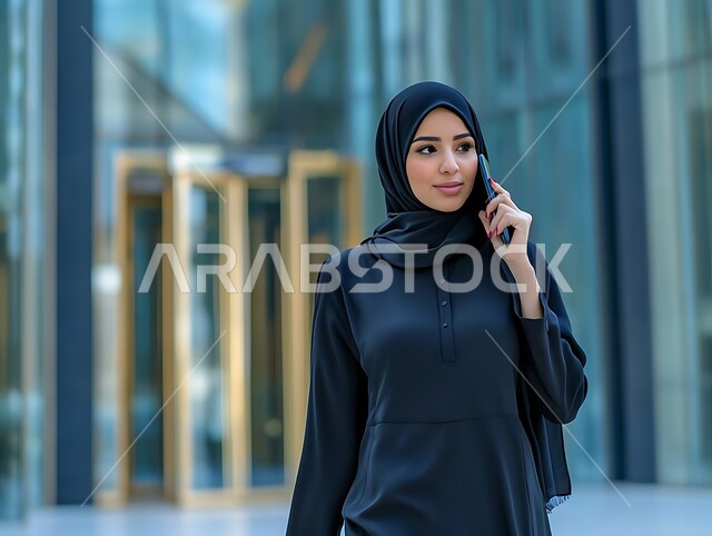دمج التقنيات والتكنولوجيا الحديثة في الحياة اليومية، الإجابة والرد على الاتصالات عبر الهاتف المحمول، امرأة عربية سعودية خليجية محجبة ترتدي العباءة السوداء تقوم بإجراء مكالمة صوتية باستخدام جهاز الجوال، التواصل والاطمئنان على الأهل والأصدقاء وسماع اخبارهم