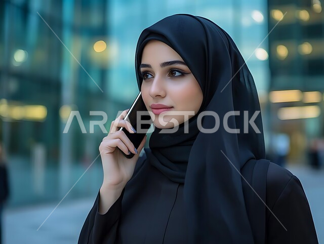 دمج التقنيات والتكنولوجيا الحديثة في الحياة اليومية، الإجابة والرد على الاتصالات عبر الهاتف المحمول، امرأة عربية سعودية خليجية محجبة ترتدي العباءة السوداء تقوم بإجراء مكالمة صوتية باستخدام جهاز الجوال، التواصل والاطمئنان على الأهل والأصدقاء وسماع اخبارهم