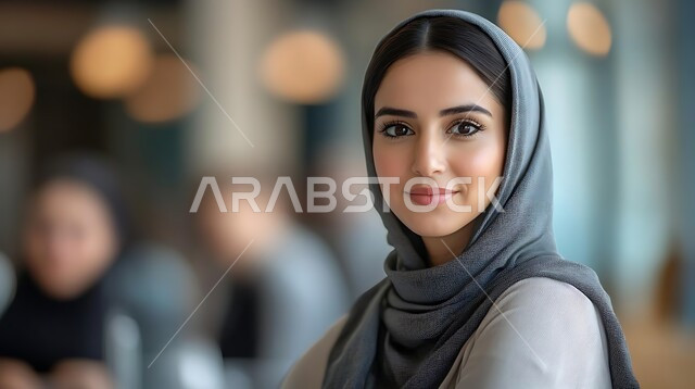 الأناقة و الاهتمام بالمظهر الخارجي, مفهوم الأنوثة و النعومة والشياكة, صورة مقربة لشابة عربية خليجية سعودية مبتسمة ترتدي الحجاب تنظر إلى الكاميرا بإيماءات البشاشة و الثقة بالنفس،  أزياء محجبات عصرية حديثة