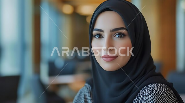 Elegance and interest in appearance, the concept of femininity, softness and chic, a close-up photo of a smiling Saudi Arabian Gulf young woman wearing the hijab looking at the camera with gestures of cheerfulness and self-confidence, modern, contemporary veiled fashion