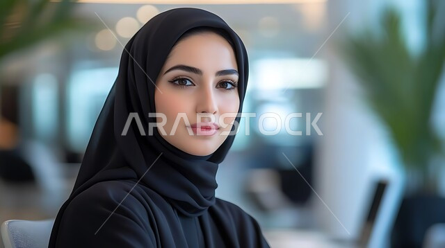 الأناقة و الاهتمام بالمظهر الخارجي, مفهوم الأنوثة و النعومة والشياكة, صورة مقربة لشابة عربية خليجية سعودية مبتسمة ترتدي الحجاب تنظر إلى الكاميرا بإيماءات البشاشة و الثقة بالنفس،  أزياء محجبات عصرية حديثة