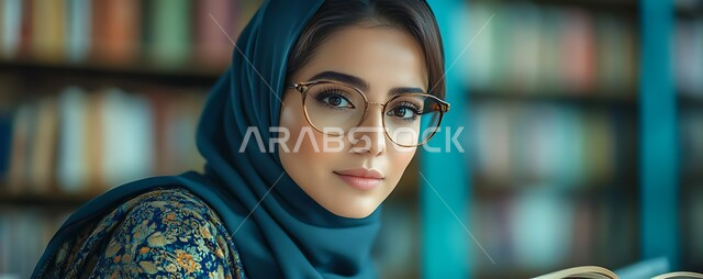 مفهوم الأنوثة و النعومة والشياكة, الأناقة و الاهتمام بالمظهر الخارجي, صورة بانورامية مقربة لشابة عربية خليجية سعودية مبتسمة ترتدي الحجاب والنظارات الطبية وتنظر إلى الكاميرا بإيماءات البشاشة و الثقة بالنفس، خلفية المكتبة