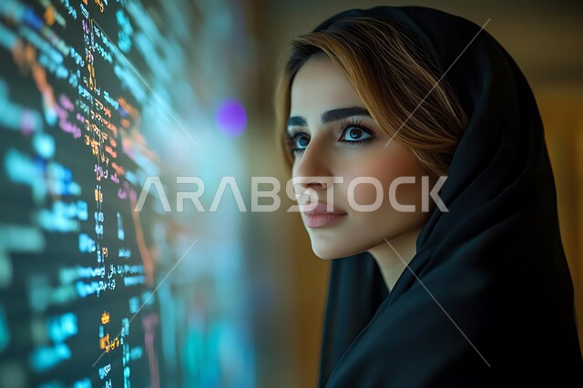 الشاشات الالكترونيه المضيئة، تداول العملة الرقمية، العمل في البورصة والاسواق العالمية، دمج التكنولوجيا والتقنيات المتطورة مع المجال الاقتصادي، صورة مقربة لامرأة عربية خليجية سعودية محجبة تقف أمام شاشة الرسومات والمخططات البيانية