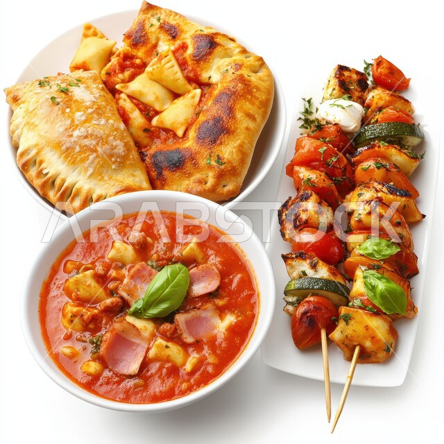 فنون التقديم في مطاعم ومطابخ المملكة العربية السعودية، وصفات طعام شهية صحية لذيذة، وجبة ذات قيمة غذائية، مفهوم الولائم والعزائم، أطباق من المأكولات العربية التقليدية الشعبية، طبق مكون من اسياخ الدجاج المشوي والشوربة والخبز، خلفية بيضاء