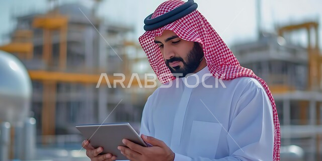 مهن ووظائف هندسية سعودية، ايماءات الجدية والثقة بالنفس، مراقبة عمل الآلات عبر الأجهزة التقنية الحديثة، متابعة سير المشاريع والإشراف عليها من موقع العمل بشكل مباشر, مهندس عربي خليجي سعودي يرتدي الثوب التقليدي مع الشماغ ويحمل بيده جهاز التابلت