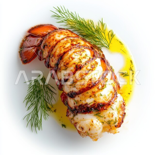 ذيل جراد البحر مع الاعشاب، ذات قيمة غذائية عالية، فنون التقديم في مطاعم ومطابخ المملكة العربية السعودية، أطباق من المأكولات العربية التقليدية الشعبية، وصفات طعام شهية صحية ولذيذة، خلفية بيضاء