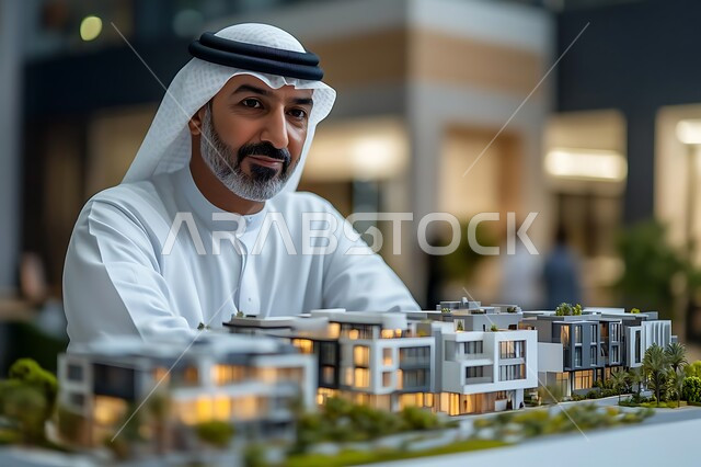 التصاميم والأشكال الجديدة للمشاريع الهندسية، التقدم في مجال التصميم الهندسي المعماري، مهندس عربي خليجي سعودي يرتدي الثوب التقليدي والغترة يجلس أمام مجسمات مصغرة للأبراج وناطحات السحاب والمباني السكنية، الأحياء والمدن المستقبلية في المملكة العربية السعودية