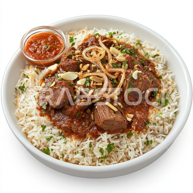 طبق من الأرز مع قطع اللحم المزين والخضروات، ولائم وأطباق عربية تقليدية شعبية، وصفات المأكولات والوجبات الشرقية الشهية، مطابخ ومطاعم المملكة العربية السعودية, خلفية بيضاء