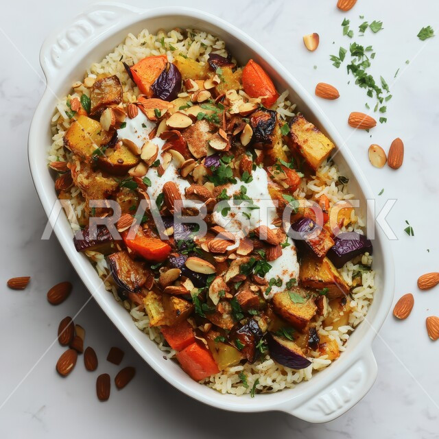 A plate of rice with pieces of garnished meat and vegetables, traditional popular Arabic banquets and dishes, recipes for delicious oriental foods and meals, kitchens and restaurants of the Kingdom of Saudi Arabia, white background