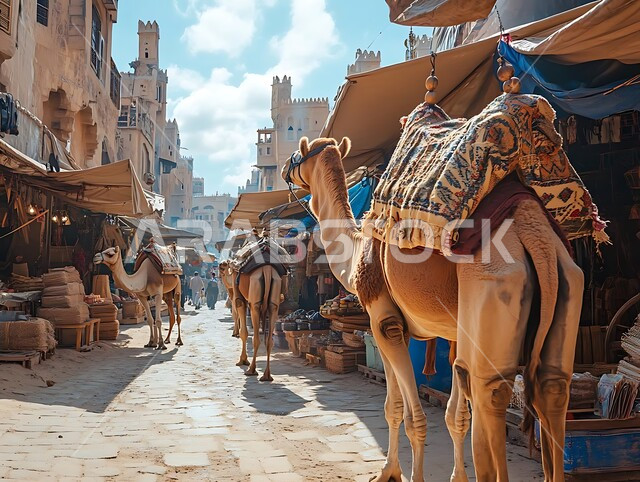 الاهتمام بتربية ورعاية حيوانات الإبل، العمل على التطوير العمراني في القرى والأحياء الشعبية بالمملكة العربية السعودية، صورة لحيوان الجمل في سوق شعبي قديم، محلات بيع وشراء المواد المختلفة، ارتباط النوق العربية بمفهوم الأصالة والعراقة