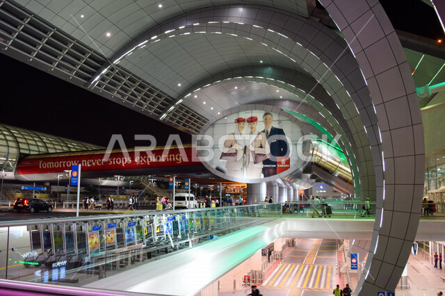Picture of a huge Emirates Airlines billboard outside Dubai International Airport in the United Arab Emirates, promotion and advertisements, airlines, tourism in the Emirates
