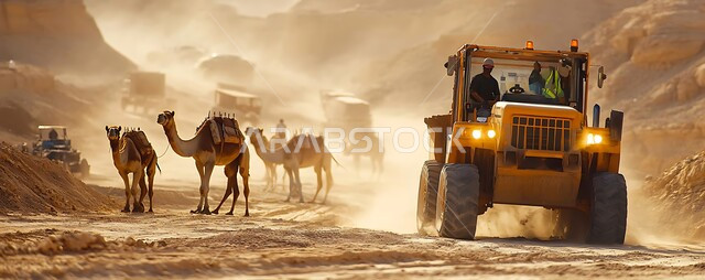 مفهوم الهندسة الإنشائية وتحسين البنية التحتية، أعمال البناء والمقاولات والتطوير العقاري في الأحياء الشعبية، إنشاء الأساسات والهياكل لتشييد لمشروعات السكنية والمصانع، الاهتمام بتربية  ورعاية الجمال، حيوانات الإبل في موقع العمل، استخدام الرافعات والآلات الثقيلة