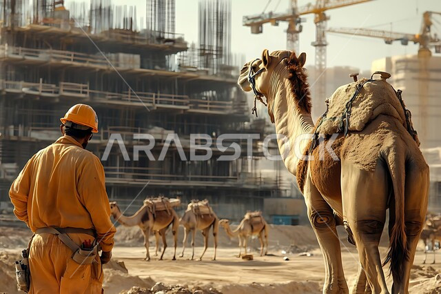 أعمال البناء والمقاولات والتطوير العقاري في الأحياء الشعبية، مفهوم الهندسة الإنشائية وتحسين البنية التحتية، إنشاء الأساسات والهياكل لتشييد لمشروعات السكنية والمصانع، الاهتمام بتربية  ورعاية الجمال، حيوانات الإبل في موقع العمل، استخدام الرافعات والآلات الثقيلة