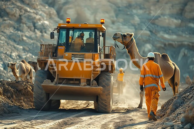 The concept of structural engineering and infrastructure improvement, construction, contracting and real estate development works in popular neighborhoods, establishing foundations and structures for the construction of residential projects and factories, interest in raising and caring for camels, camels at the work site, use of cranes and heavy machinery