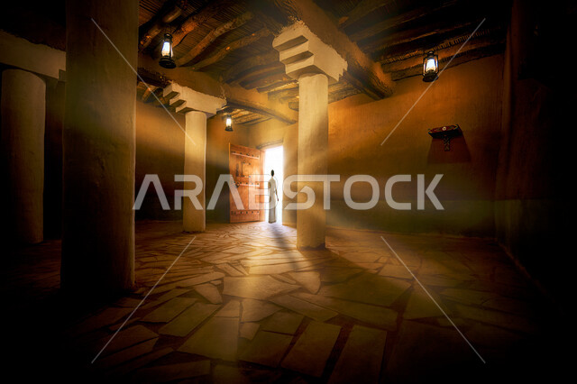 An interior view of the historic Mushrafa Mosque in Al Majmaah Governorate in Riyadh, a mosque built of mud and stone, a conical minaret, the oldest mosque in Rawdat Al-Sudair