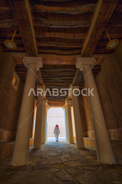An interior view of the historic Mushrafa Mosque in Al Majmaah Governorate in Riyadh, a mosque built of mud and stone, a conical minaret, the oldest mosque in Rawdat Al-Sudair