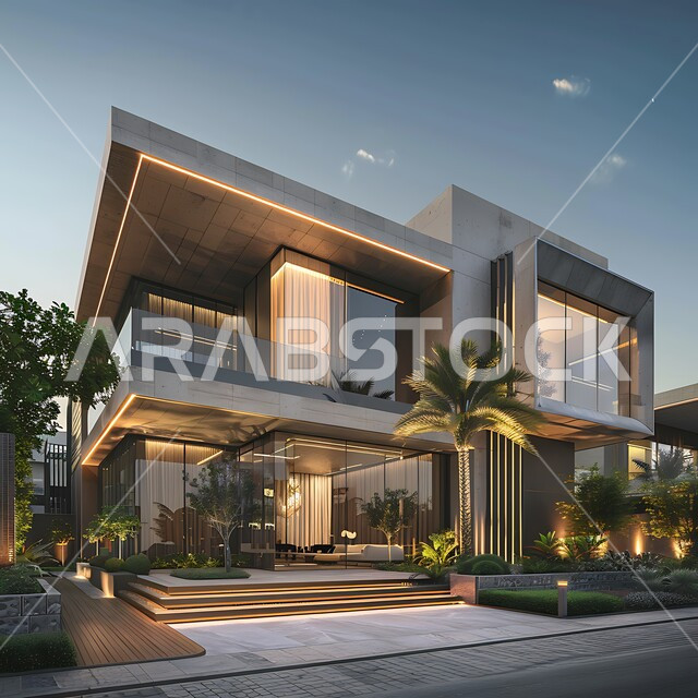 الفن الهندسي المعماري بواجهات ضخمة زجاجية, ديكورات وتصاميم خارجية عصرية متميزة على الطراز الحديث, البناء الخارجي الحديث المتطور للفنون الهندسية, الاهتمام بزراعة الأشجار، منتجعات وشاليهات سياحية فاخرة في المملكة العربية السعودية