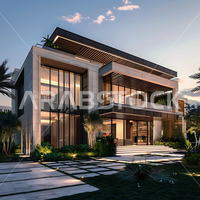 الفن الهندسي المعماري بواجهات ضخمة زجاجية, ديكورات وتصاميم خارجية عصرية متميزة على الطراز الحديث, البناء الخارجي الحديث المتطور للفنون الهندسية, الاهتمام بزراعة الأشجار، منتجعات وشاليهات سياحية فاخرة في المملكة العربية السعودية