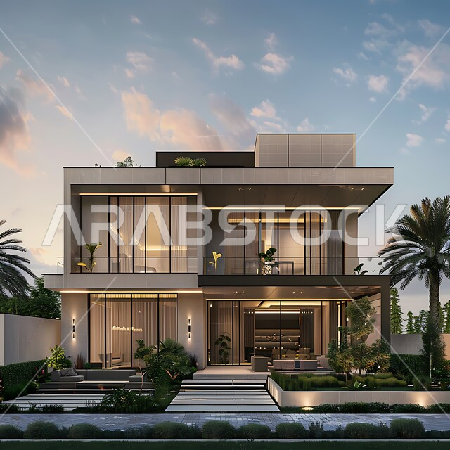 الفن الهندسي المعماري بواجهات ضخمة زجاجية, ديكورات وتصاميم خارجية عصرية متميزة على الطراز الحديث, البناء الخارجي الحديث المتطور للفنون الهندسية, الاهتمام بزراعة الأشجار، منتجعات وشاليهات سياحية فاخرة في المملكة العربية السعودية