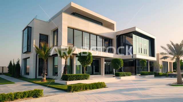 Architectural engineering art with huge glass facades, distinctive modern exterior decorations and designs in modern style, modern advanced exterior construction of engineering arts, interest in planting trees, luxury tourist resorts and chalets in the Kingdom of Saudi Arabia