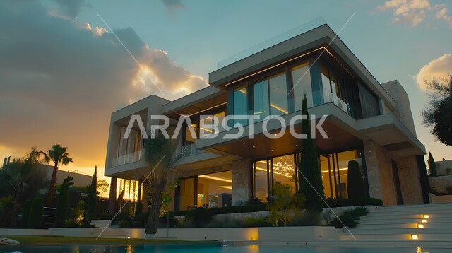 الفن الهندسي المعماري بواجهات ضخمة زجاجية, ديكورات وتصاميم خارجية عصرية متميزة على الطراز الحديث, البناء الخارجي الحديث المتطور للفنون الهندسية, الاهتمام بزراعة الأشجار، منتجعات وشاليهات سياحية فاخرة في المملكة العربية السعودية