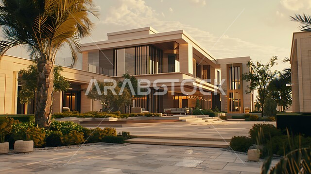 الفن الهندسي المعماري بواجهات ضخمة زجاجية, ديكورات وتصاميم خارجية عصرية متميزة على الطراز الحديث, البناء الخارجي الحديث المتطور للفنون الهندسية, الاهتمام بزراعة الأشجار، منتجعات وشاليهات سياحية فاخرة في المملكة العربية السعودية