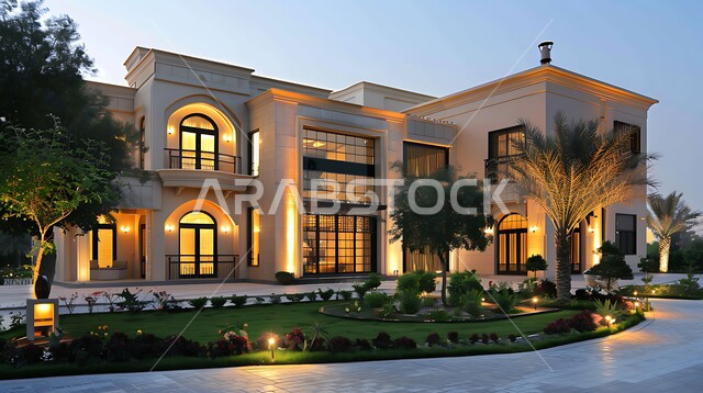 Architectural engineering art with huge glass facades, distinctive modern exterior decorations and designs in modern style, modern advanced exterior construction of engineering arts, interest in planting trees, luxury tourist resorts and chalets in the Kingdom of Saudi Arabia