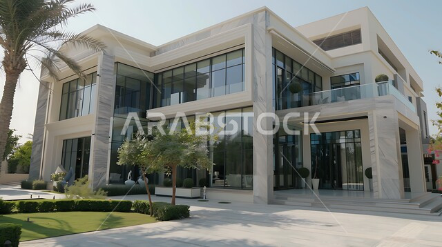 الفن الهندسي المعماري بواجهات ضخمة زجاجية, ديكورات وتصاميم خارجية عصرية متميزة على الطراز الحديث, البناء الخارجي الحديث المتطور للفنون الهندسية, الاهتمام بزراعة الأشجار، منتجعات وشاليهات سياحية فاخرة في المملكة العربية السعودية