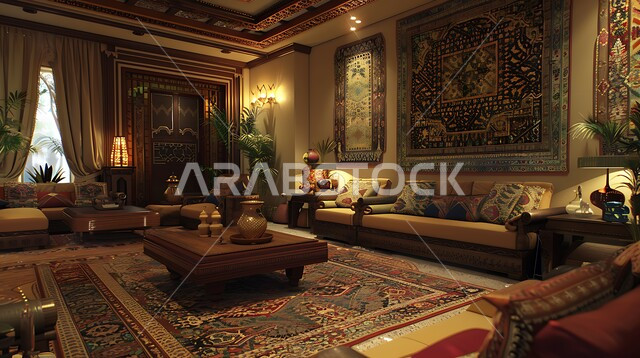 اكسسوارات وتحف عصرية، التصاميم والديكورات الداخلية للفلل والشقق السكنية في المملكة العربية السعودية, غرفة معيشة مع آثاث منزلي فاخر, التصاميم الأنيقة لغرف الجلوس المريحة على الطراز القديم