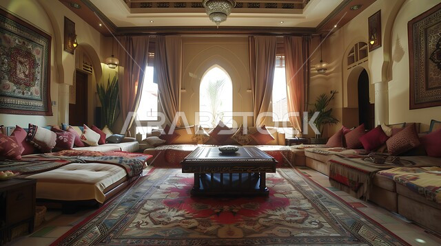 اكسسوارات وتحف عصرية، التصاميم والديكورات الداخلية للفلل والشقق السكنية في المملكة العربية السعودية, غرفة معيشة مع آثاث منزلي فاخر, التصاميم الأنيقة لغرف الجلوس المريحة على الطراز القديم