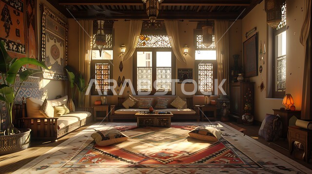 اكسسوارات وتحف عصرية، التصاميم والديكورات الداخلية للفلل والشقق السكنية في المملكة العربية السعودية, غرفة معيشة مع آثاث منزلي فاخر, التصاميم الأنيقة لغرف الجلوس المريحة على الطراز القديم