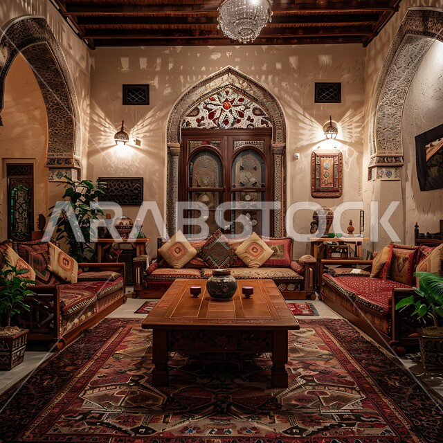 اكسسوارات وتحف عصرية، التصاميم والديكورات الداخلية للفلل والشقق السكنية في المملكة العربية السعودية, غرفة معيشة مع آثاث منزلي فاخر, التصاميم الأنيقة لغرف الجلوس المريحة على الطراز القديم