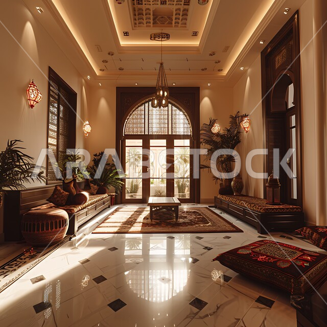 اكسسوارات وتحف عصرية، التصاميم والديكورات الداخلية للفلل والشقق السكنية في المملكة العربية السعودية, غرفة معيشة مع آثاث منزلي فاخر, التصاميم الأنيقة لغرف الجلوس المريحة على الطراز القديم