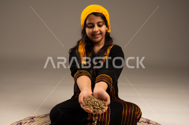 Saudi national local products and crops, the anniversary of the founding of the first Saudi state, February 22, the day we started 1727 AD, a portrait of a Saudi Gulf Arab girl wearing a shayla and a sidr putting grains in a basket made of straw, ancient popular professions and handicrafts, wearing the costumes of the southern region, beige background