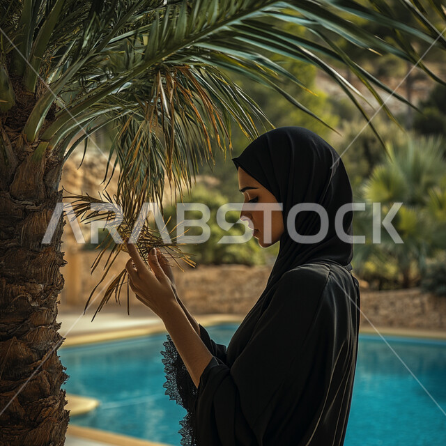 The concept of femininity and softness, interest in elegance and outward appearance, elegant modern veiled fashion, a side view of a veiled Saudi Arabian Gulf woman wearing a black abaya standing in front of the pool and holding a tree branch in her hand