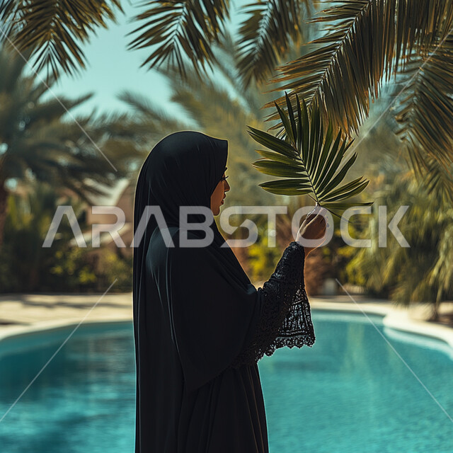 الاهتمام بالأناقة و المظهر الخارجي, أزياء محجبات عصرية أنيقة, مفهوم الأنوثة و النعومة, صورة من الجانب لإمرأة عربية خليجية سعودية محجبة ترتدي العباءة السوداء تقف أمام المسبح و تمسك بيدها غصن شجرة