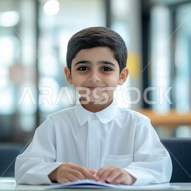 مفهوم الاجتهاد للوصول إلى النجاح، المناهج العلمية التعليمية، العودة إلى المدارس، صورة مقربة لولد عربي خليجي سعودي يرتدي الثوب التقليدي يجلس على الطاولة و ينظر الى الكاميرا بايماءات السعادة و السرور