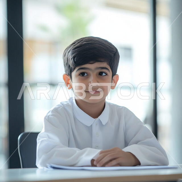 مفهوم الاجتهاد للوصول إلى النجاح، المناهج العلمية التعليمية، العودة إلى المدارس، صورة مقربة لولد عربي خليجي سعودي يرتدي الثوب التقليدي يجلس على الطاولة و ينظر الى الكاميرا بايماءات السعادة و السرور