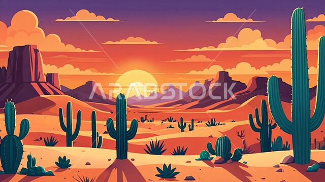 منظر غروب الشمس على الكثبان الرملية, البيئة الجافة القاسية في الصحاري, النباتات الشوكية البرية في المحميات الطبيعية، رسم توضيحي ثلاثي الأبعاد لنبات الصبار الشوكي في المناطق الصحراوية, نمو الشوكيات والأعشاب في براري المملكة العربية السعودية