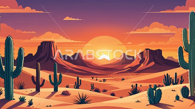 منظر غروب الشمس على الكثبان الرملية, البيئة الجافة القاسية في الصحاري, النباتات الشوكية البرية في المحميات الطبيعية، رسم توضيحي ثلاثي الأبعاد لنبات الصبار الشوكي في المناطق الصحراوية, نمو الشوكيات والأعشاب في براري المملكة العربية السعودية