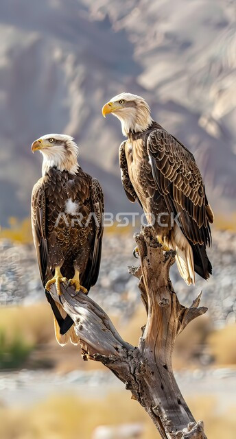 طائر النسر الأصلع يقف على غصن شجرة في المناطق الجبلية, مفهوم تنوع الثروة الحيوانية في المملكة العربية السعودية, الاهتمام بالحيوانات البرية, رمز حدة البصر و القوة, تربية الطيور الجارحة و المفترسة في المحميات الطبيعية