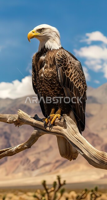 طائر النسر الأصلع يقف على غصن شجرة في المناطق الجبلية, مفهوم تنوع الثروة الحيوانية في المملكة العربية السعودية, الاهتمام بالحيوانات البرية, رمز حدة البصر و القوة, تربية الطيور الجارحة و المفترسة في المحميات الطبيعية