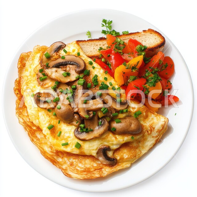 أغذية ذات قيمة غذائية عالية, وجبات ومأكولات مغذية, الاومليت اللذيذ المليء بالبروتينات, وجبة فطور صباحية صحية وسريعة, طبق البيض المقلي مع الخضار, خلفية بيضاء