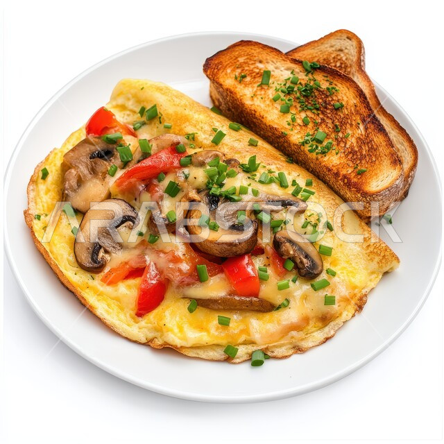 طبق البيض المقلي مع الخضار, أغذية ذات قيمة غذائية عالية, وجبات ومأكولات مغذية, الاومليت اللذيذ المليء بالبروتينات, وجبة فطور صباحية صحية وسريعة, خلفية بيضاء