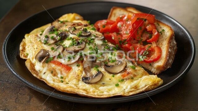 Food presentation arts in Saudi Arabia restaurants, high nutritional value foods, nutritious meals and foods, delicious omelette full of proteins, healthy and quick breakfast, close-up of fried eggs with vegetables